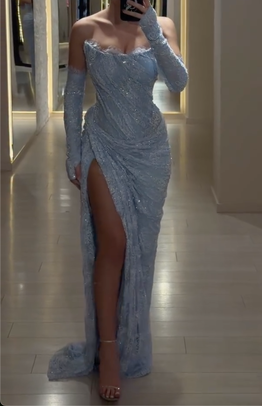 Dusty Blue Off-the-Shoulder Lace Maxi Dress with Glitter Sleeves