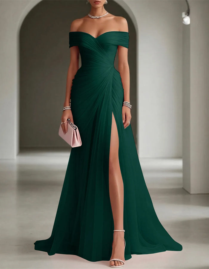 Solid Color Off Shoulder Mesh Ruching And Slit  Maxi Dress