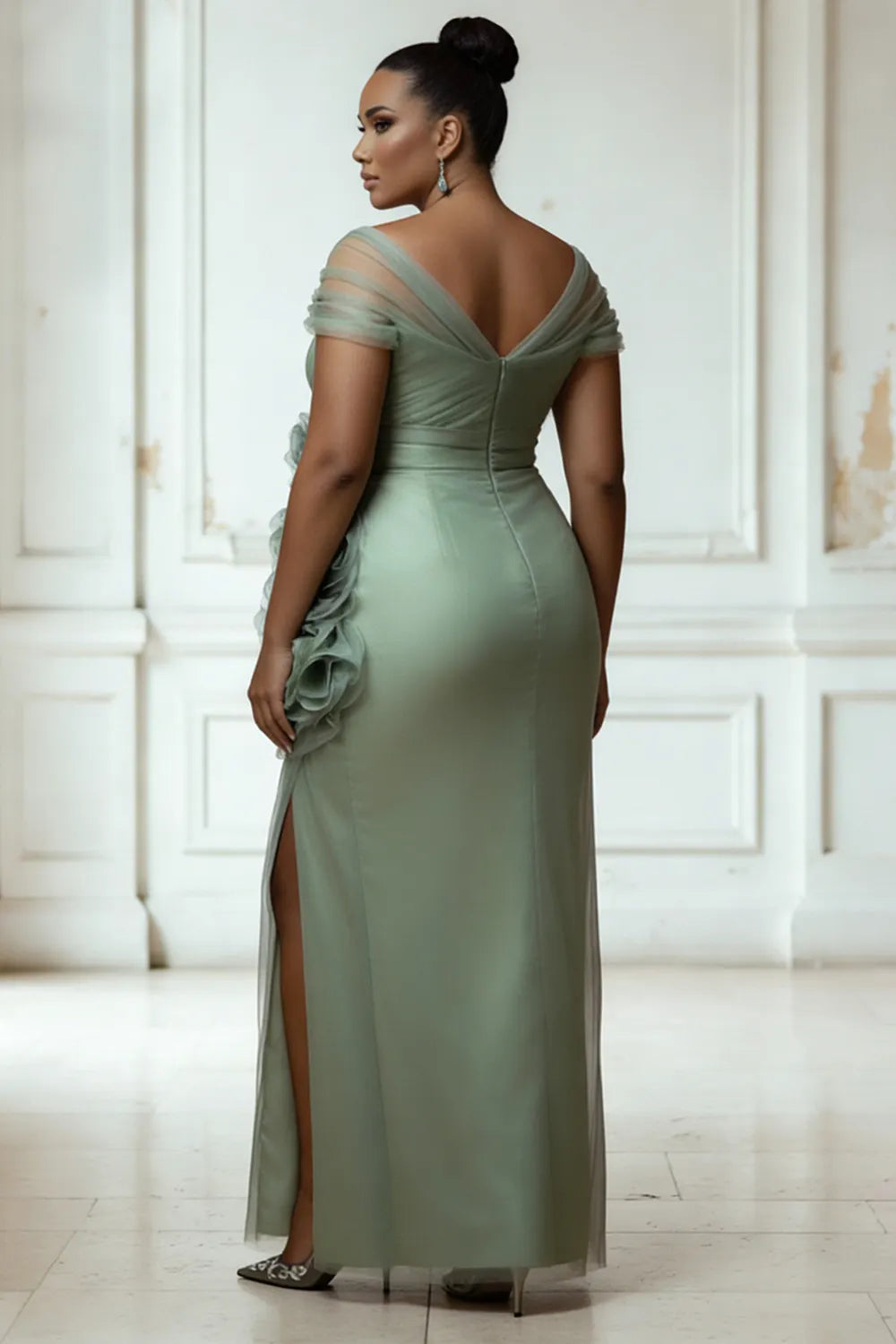 Mother Of The Bride Satin Sage Green Wrap Neck Short Sleeve 3D Split Tulle Maxi Dresses