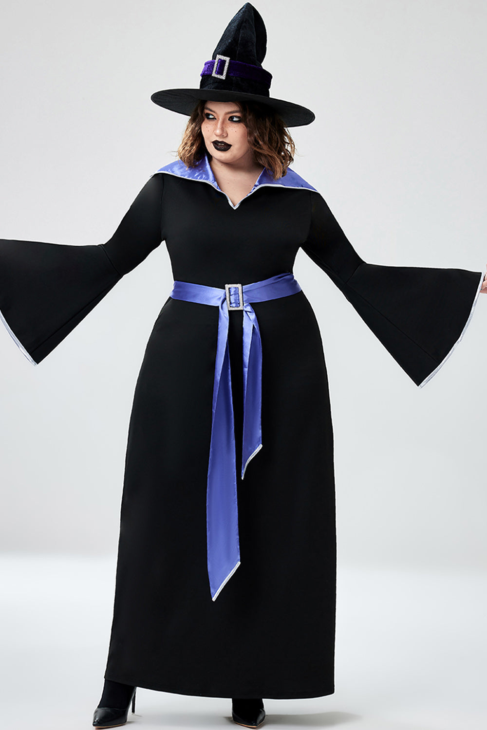 Halloween Costume Black Witches Cosplay Trumpet Sleeve Knitted Maxi Dress (Without Hat And Cane)(Ships 24h)