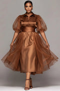 Cocktail Party Tulle Brown Round Neck Puff Sleeve Short Sleeve With Skirt Overlay Satin Midi Dresses