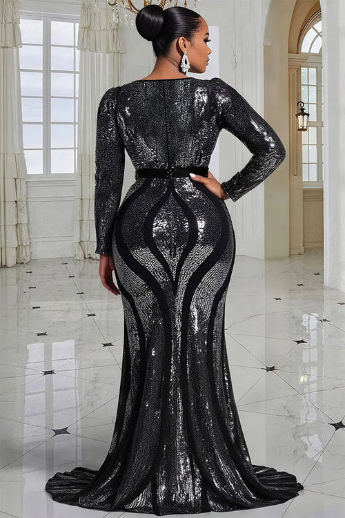 Black Round Neck Long Sleeve Mermaid Elegant Sequin Maxi Dresses