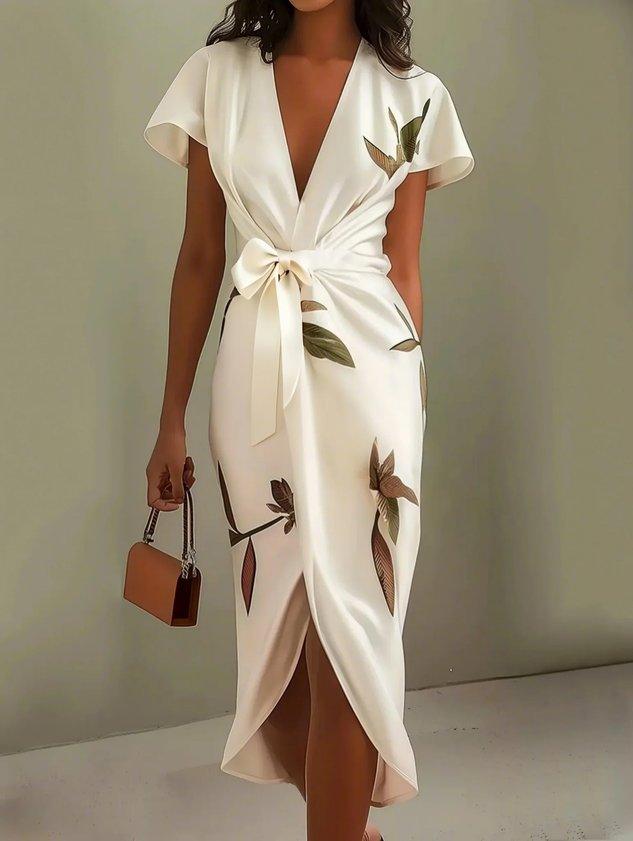 Elegant Satin Wrap-Tie Botanical Midi Dress