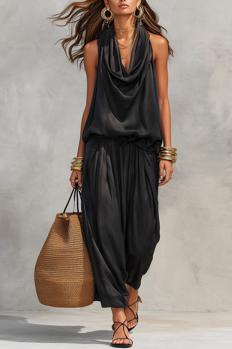 Women's Pure Cotton Vacation Style Monochrome High Neck Vest - And Straight Leg Pantss