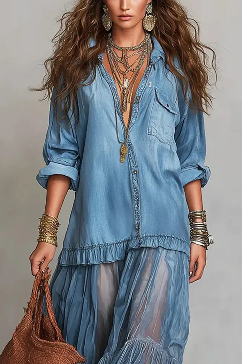 Ladies' Retro Elegant Lapel Denim Organza Patchwork Art Casual Long Dress