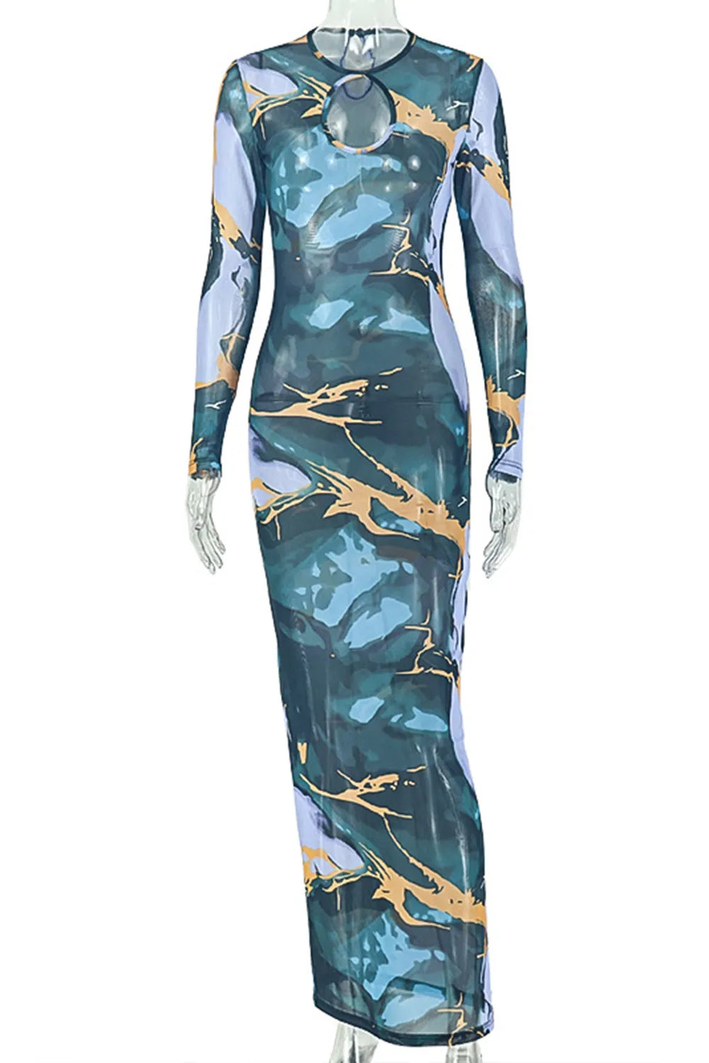 Round Neck Cut Out Colorblock Print Slim Fit Casual Maxi Dresses-Multicolor