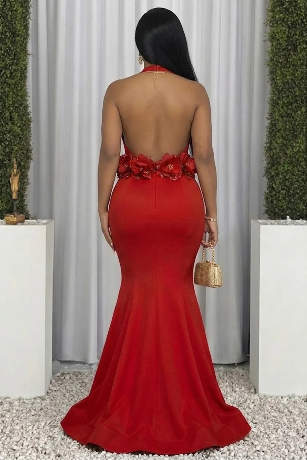 Deep V Neck 3D Floral Backless Mermaid Gowns Maxi Dresses-Red [Pre Order]