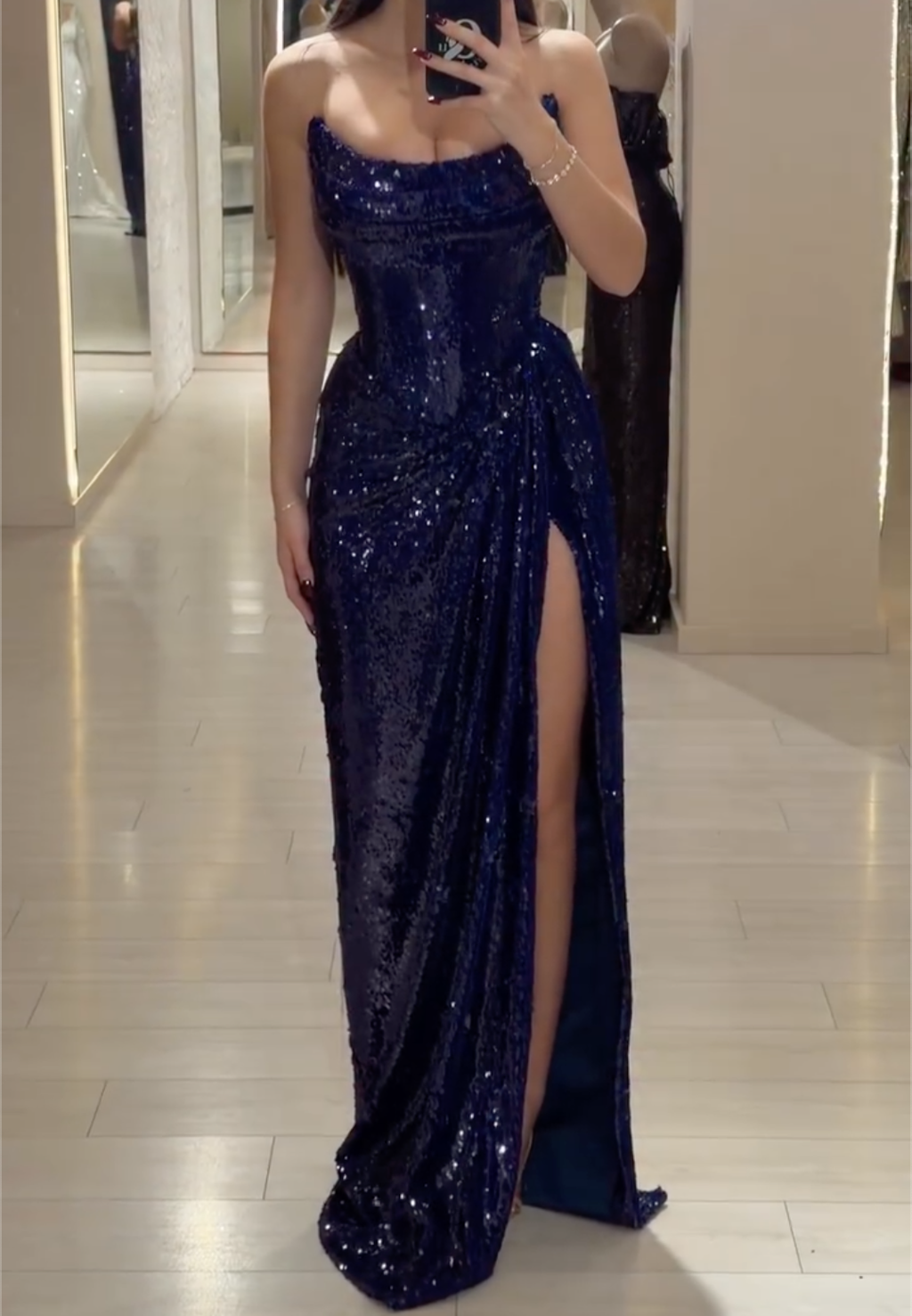 Navy Blue Sequin Strapless Maxi Dress with Draped Waist & High Thigh Slit