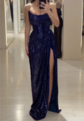 Navy Blue Sequin Strapless Maxi Dress with Draped Waist & High Thigh Slit
