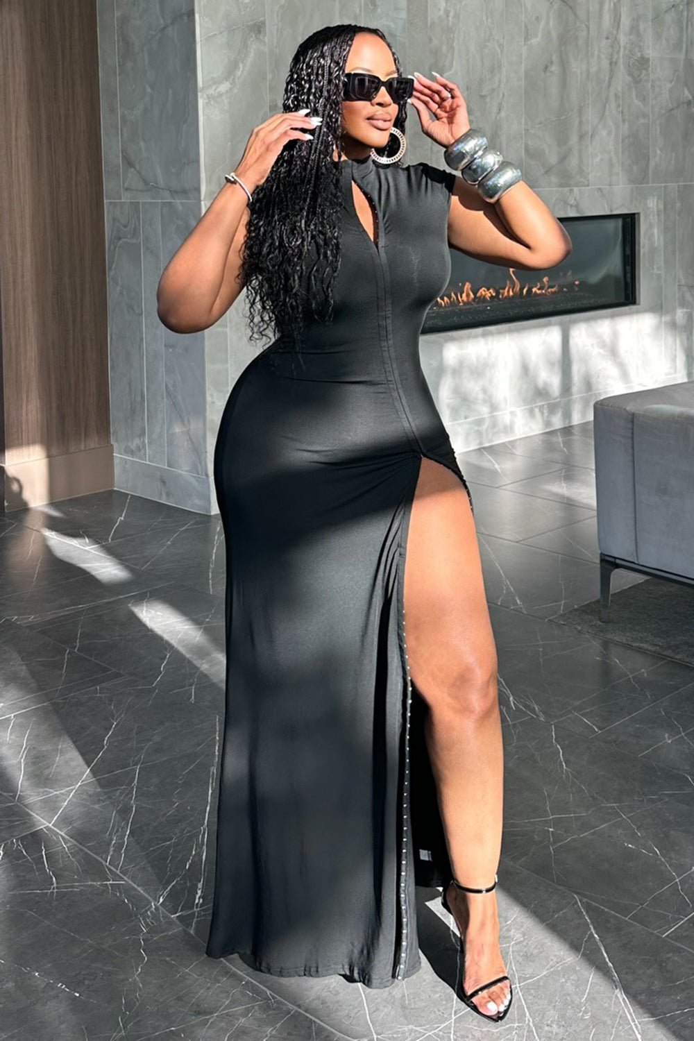 Mock Neck Cap Sleeve Cut Out High Slit Casual Maxi Dresses-Black [Pre Order]