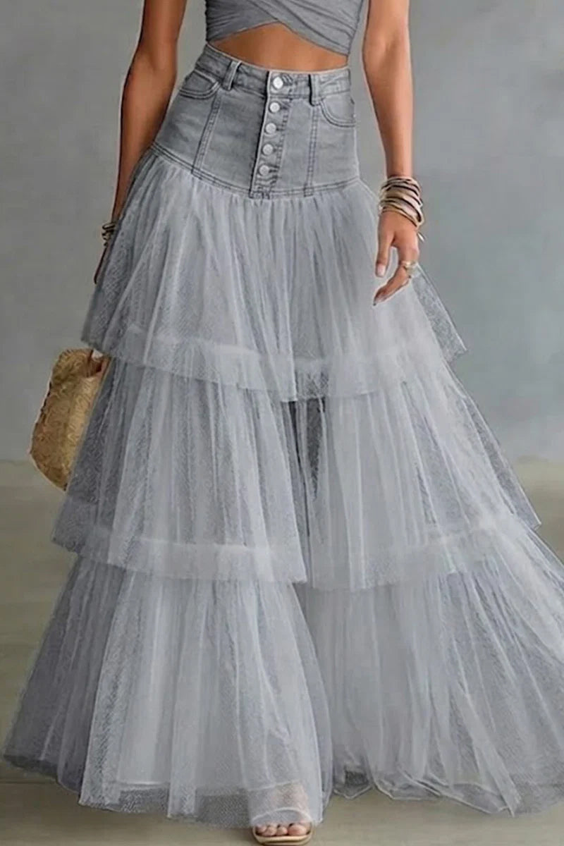 Ladies' Fashionable Casual Patchwork Mesh Denim Skirt