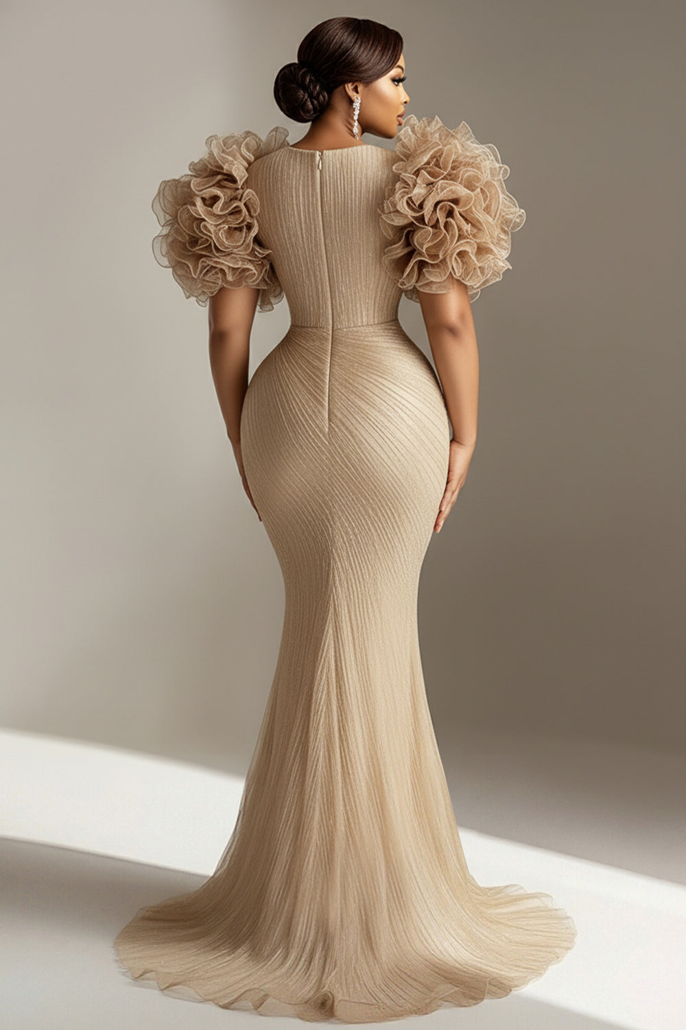 Mother Of The Bride Champagne V Neck Bodycon 3D Tulle Maxi Dresses