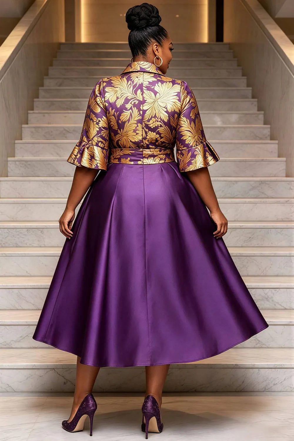 Churchs Purple Graphic Shirt Collar Short Sleeve Foil Print Pocket Satin Midi Dresses