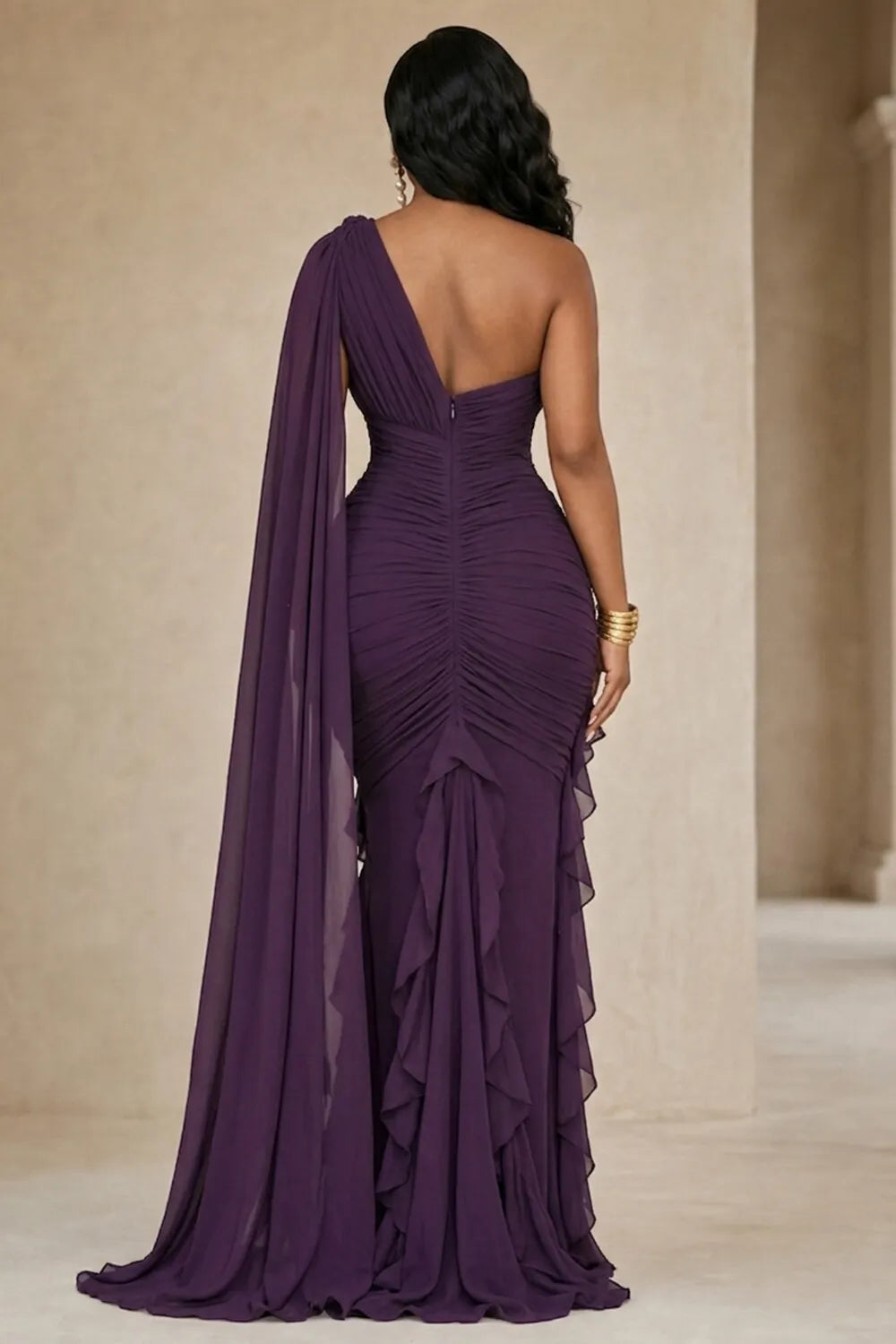 Oblique Collar Long Streamer Ruffle Hem Slit Maxi Dresses-Purple [Pre Order]
