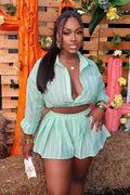 Striped Print Long Sleeve Top Mini Skirt Casual 2pcs Set-Green [Pre Order]