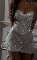 Silver Strapless Mini Dress - All-Over Crystal Beaded Fringe Cocktail Dress