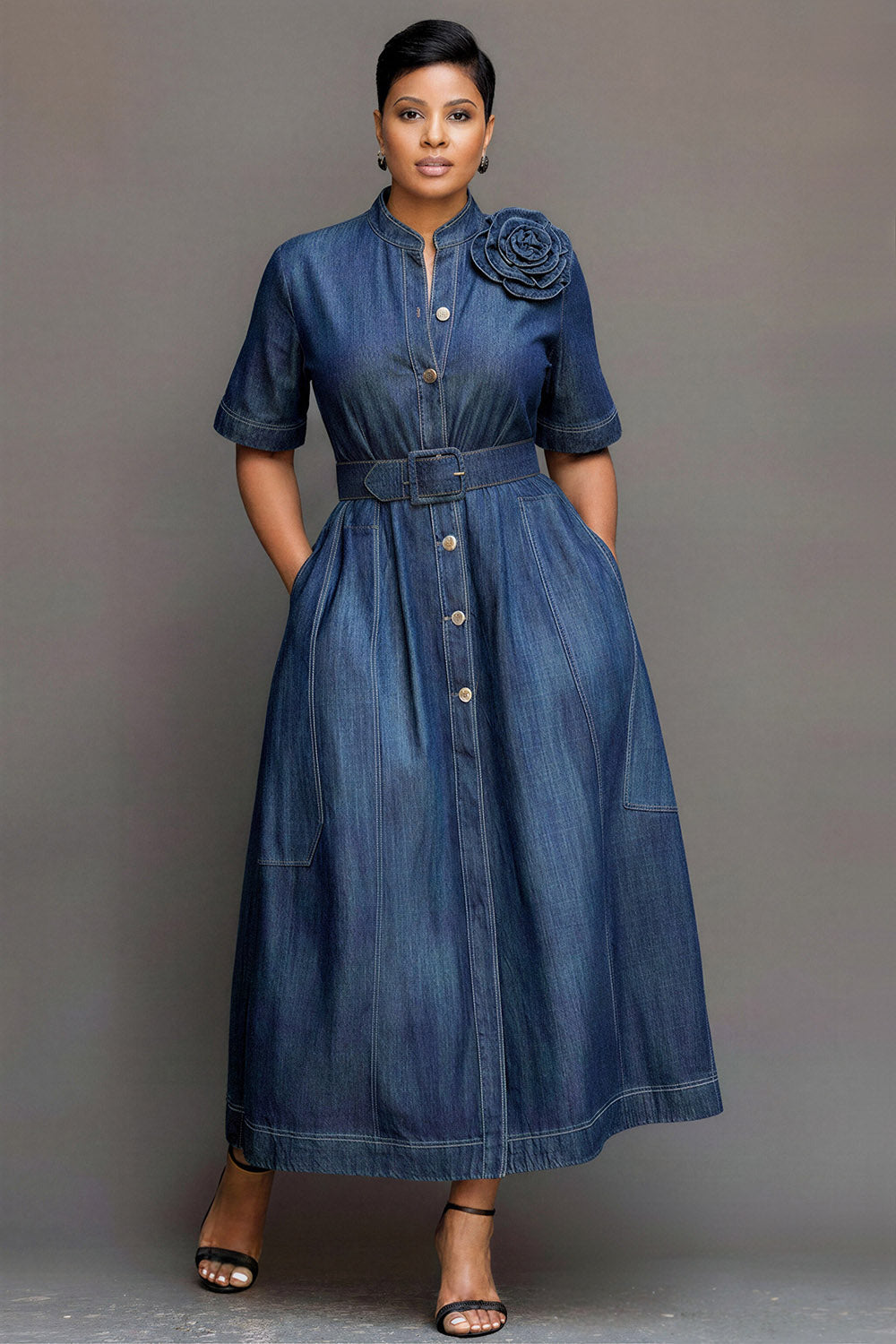 Xpluswear Design Plus Size Business Casual Casual Blue Stand-Up Collar Short Sleeve 3D Pocket Tencel Denim Maxi Dresses