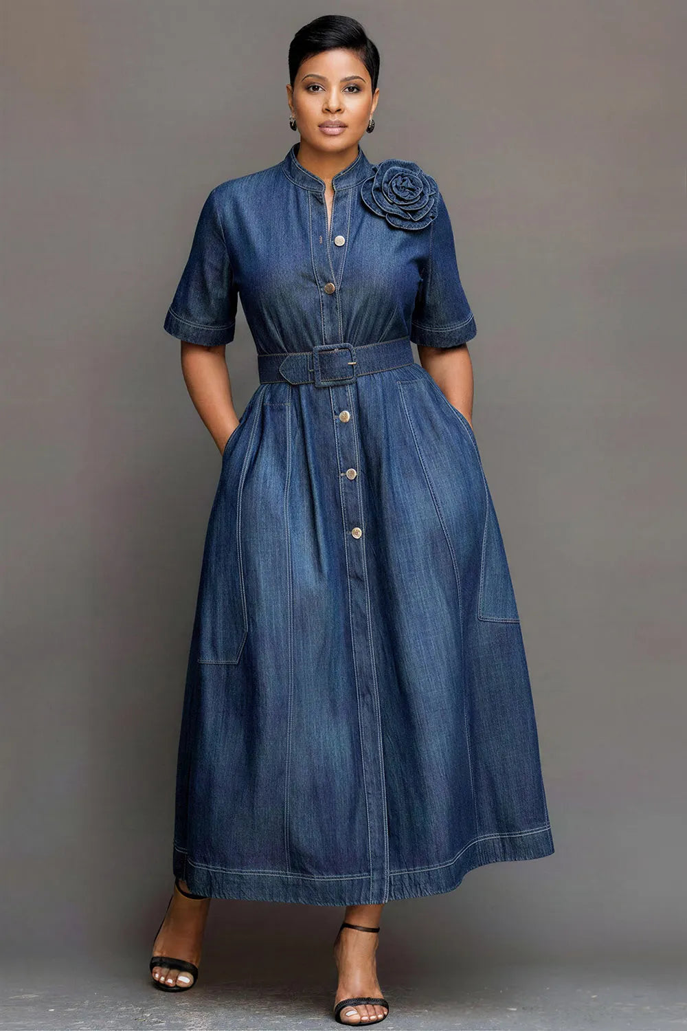 Business Casual Casual Blue Stand-Up Collar Short Sleeve 3D Pocket Tencel Denim Maxi Dresses