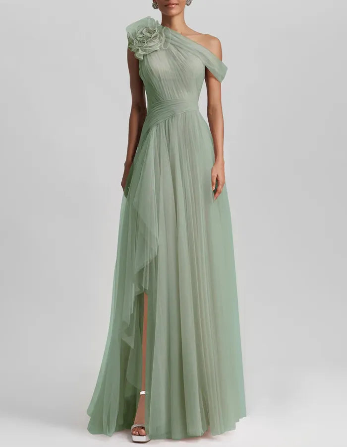 One-Shoulder Ruffled High-Slit Maxi Dress