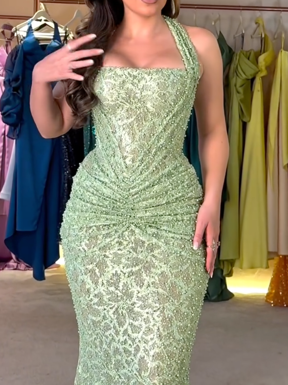 Mint Green Halter Maxi Dress with Lace Appliqué & Crystal Embellishments