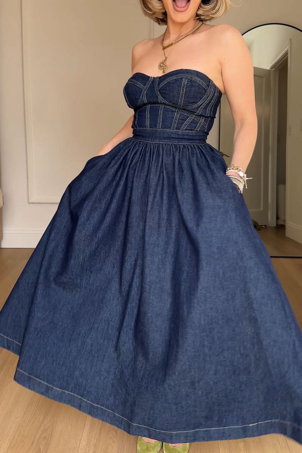 Women's Elegant Bustier A Line Hem Denim Dress