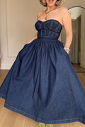 Women's Elegant Bustier A Line Hem Denim Dress