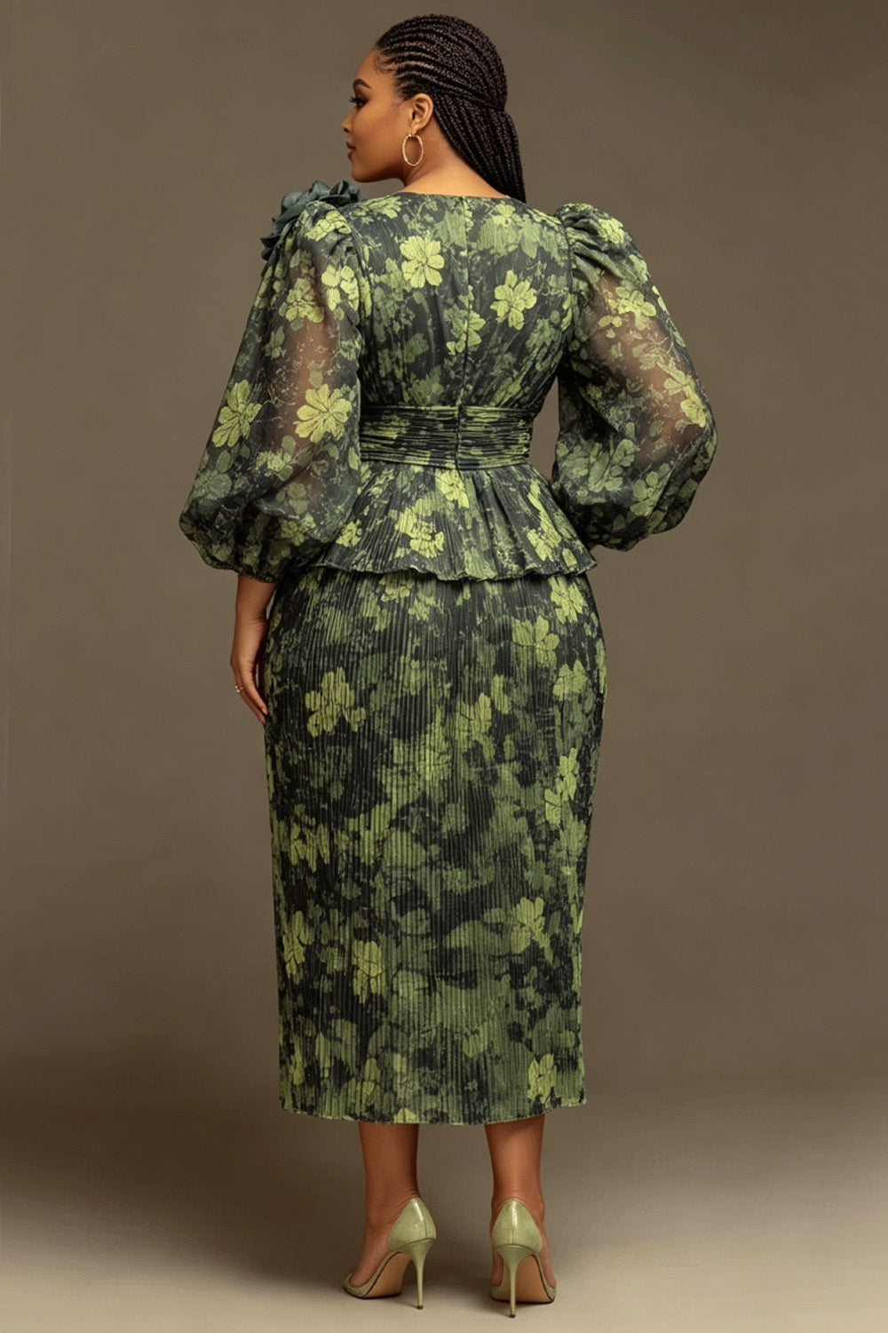 Green Floral Wrap Neck Lantern Sleeve 3/4 Sleeve 3D Pleated Chiffon Two Piece Skirt Sets