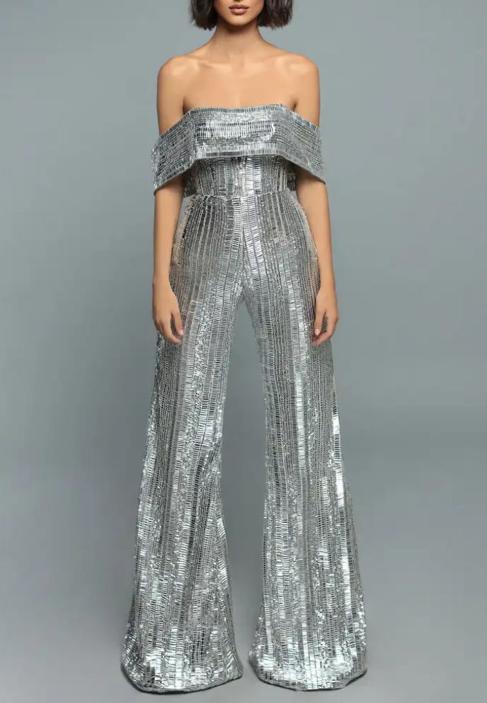 Silver Metallic Off-Shoulder Flared Leg Jumpsuit