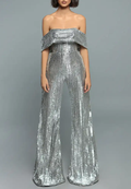 Silver Metallic Off-Shoulder Flared Leg Jumpsuit