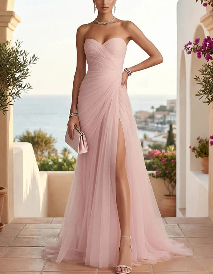 Strapless Ruched Tulle Sheath with High Slit Maxi Dress