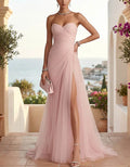 Strapless Ruched Tulle Sheath with High Slit Maxi Dress