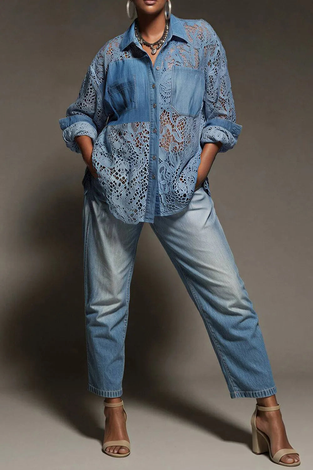 Xpluswear Design Plus Size Business Casual Lace Light Blue Shirt Collar 3/4 Sleeve Contrast Tencel Denim Blouses