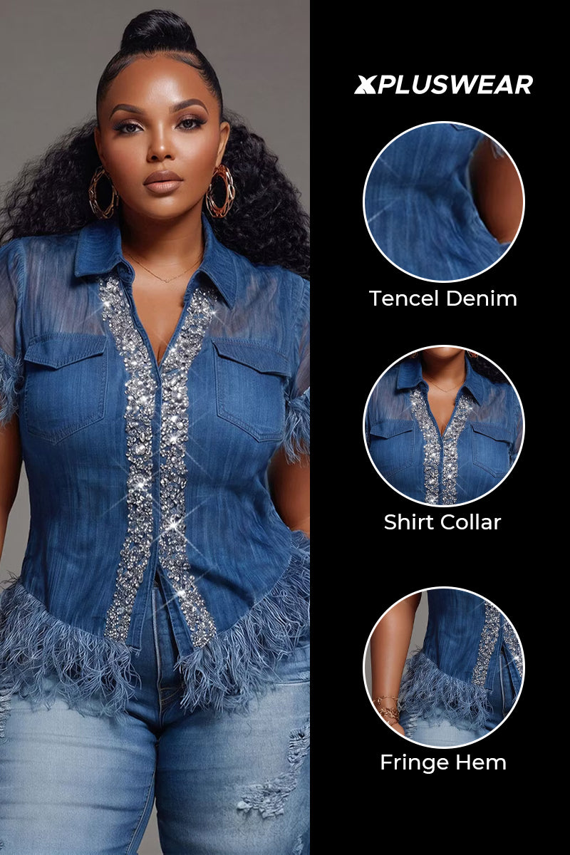 Xpluswear Design Plus Size Party Blue Shirt Collar Short Sleeve Feather See Through Tencel Denim Blouses