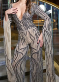 V Long Sleeve Flowy-Sleeve Wide-Leg Jumpsuit