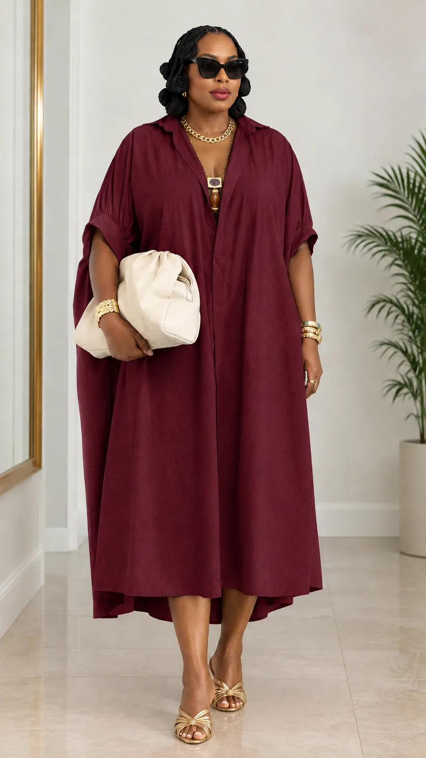 Women's Oversized Lapel Collar Kaftan Shirt Dress Ruched Sleeve Midi Dress