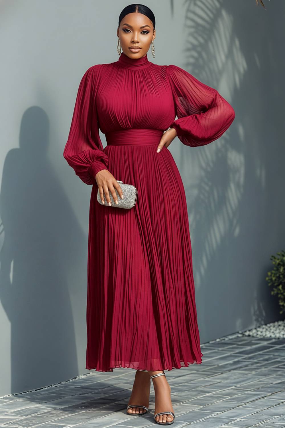 Churchs Navy Blue Mock Neck Lantern Sleeve Long Sleeve See Through Elegant Ruffled Midi Dresses