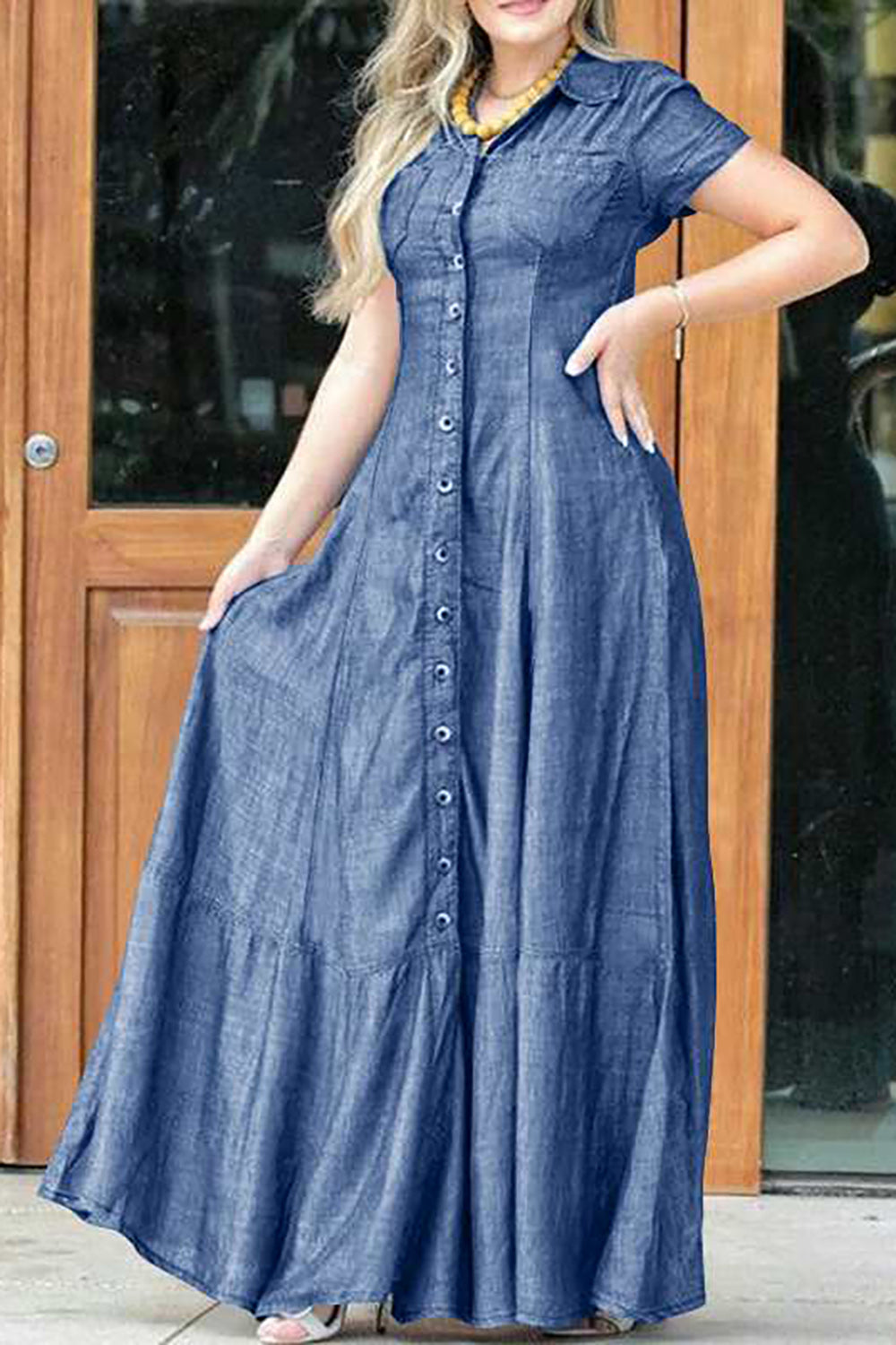 Plus Size Casual Dress Light Blue Button Shirt Collar Denim Maxi Dress With Pocket