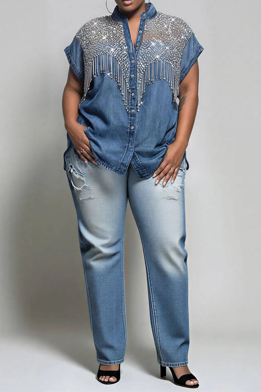 Xpluswear Design Plus Size Business Casual Sequin Blue Shirt Collar Short Sleeve Strappy See Through Tencel Denim Blouses [Pre-Order]