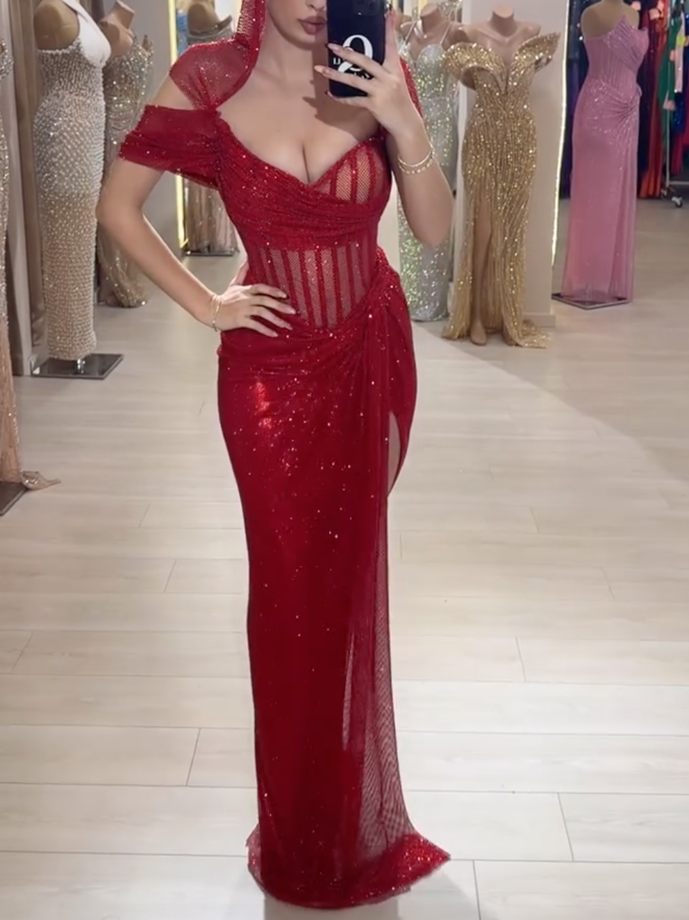 Red Glitter Sheer Corset Maxi Dress with Hooded Detail & High Thigh Slit