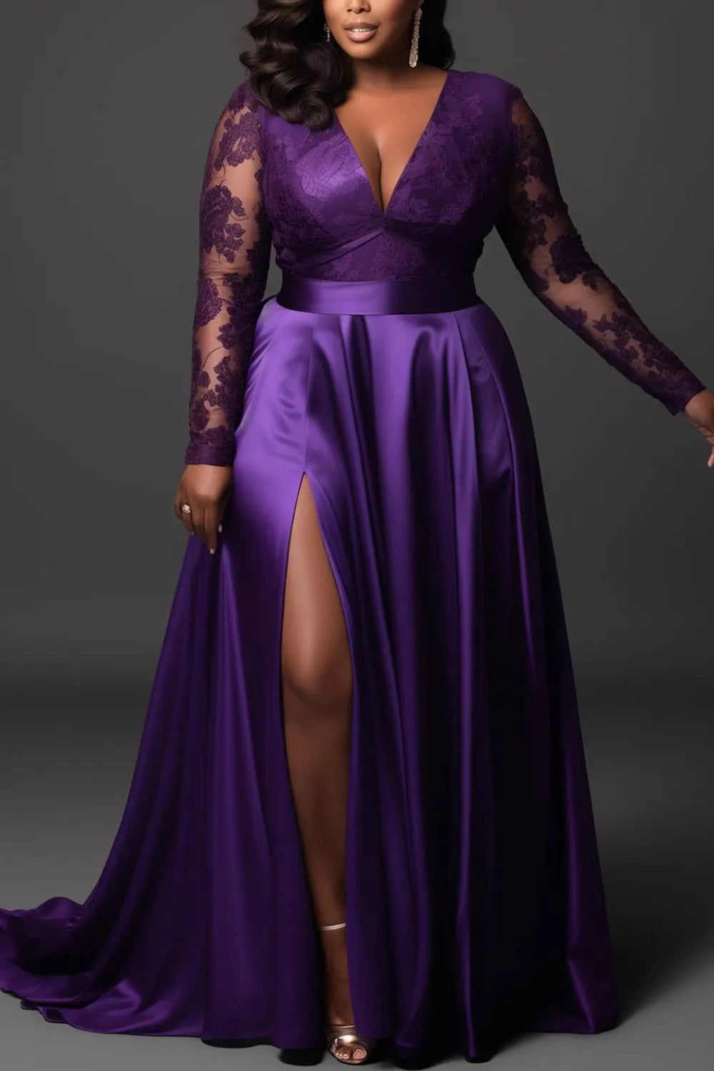 Purple V Neck Long Sleeve Split See Through Lace Satin Maxi Dresses