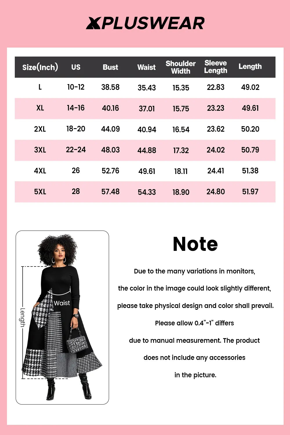 Daily Black Houndstooth Round Neck Long Sleeve Pocket Elegant Maxi Dresses