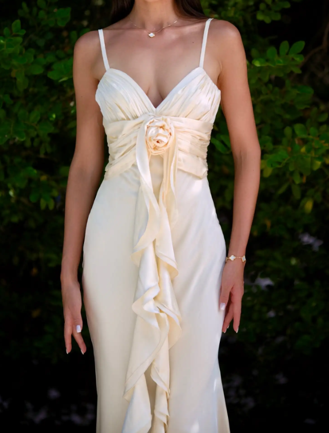 Ivory Satin Ruffled Mermaid Maxi Dress
