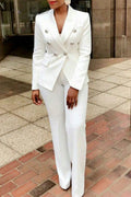 Casual Pant Set White Lapel Collar Double Breasted High Waist Two Piece Pant Set With Pocket