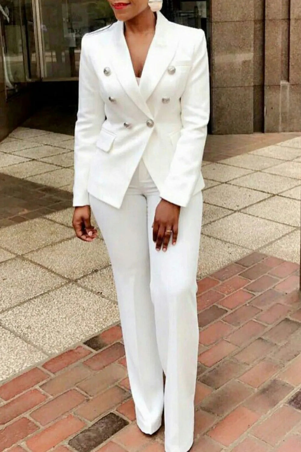 Casual Pant Set White Lapel Collar Double Breasted High Waist Two Piece Pant Set With Pocket