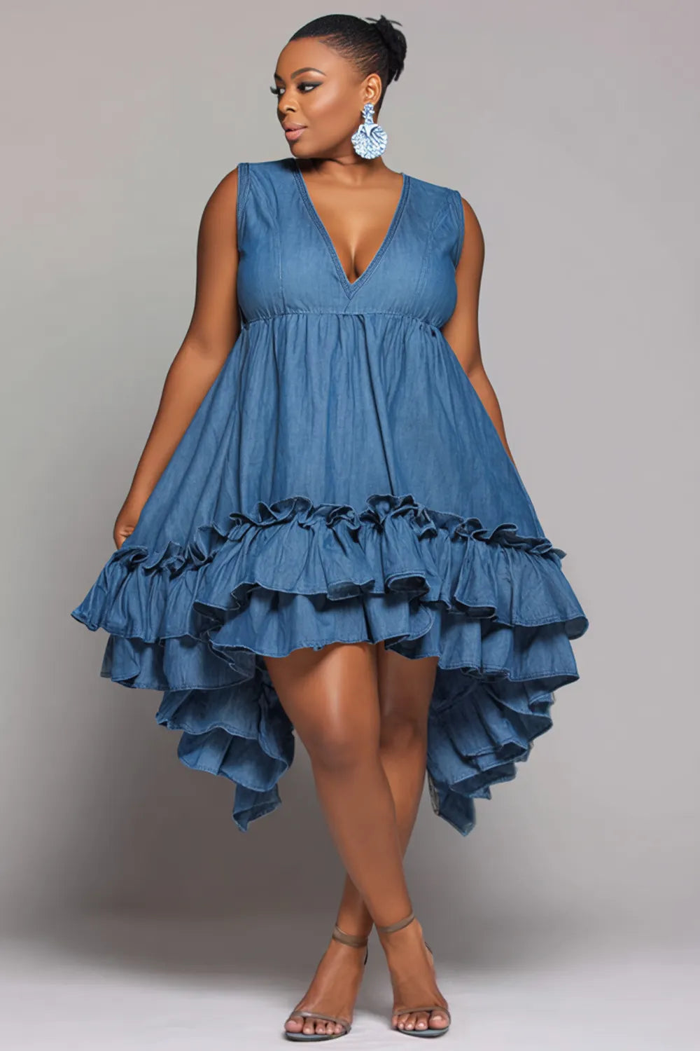 Xpluswear Design Plus Size Vacation Sundress Blue V Neck Ruffle Asymmetric Hem Tencel Denim Mini Dresses