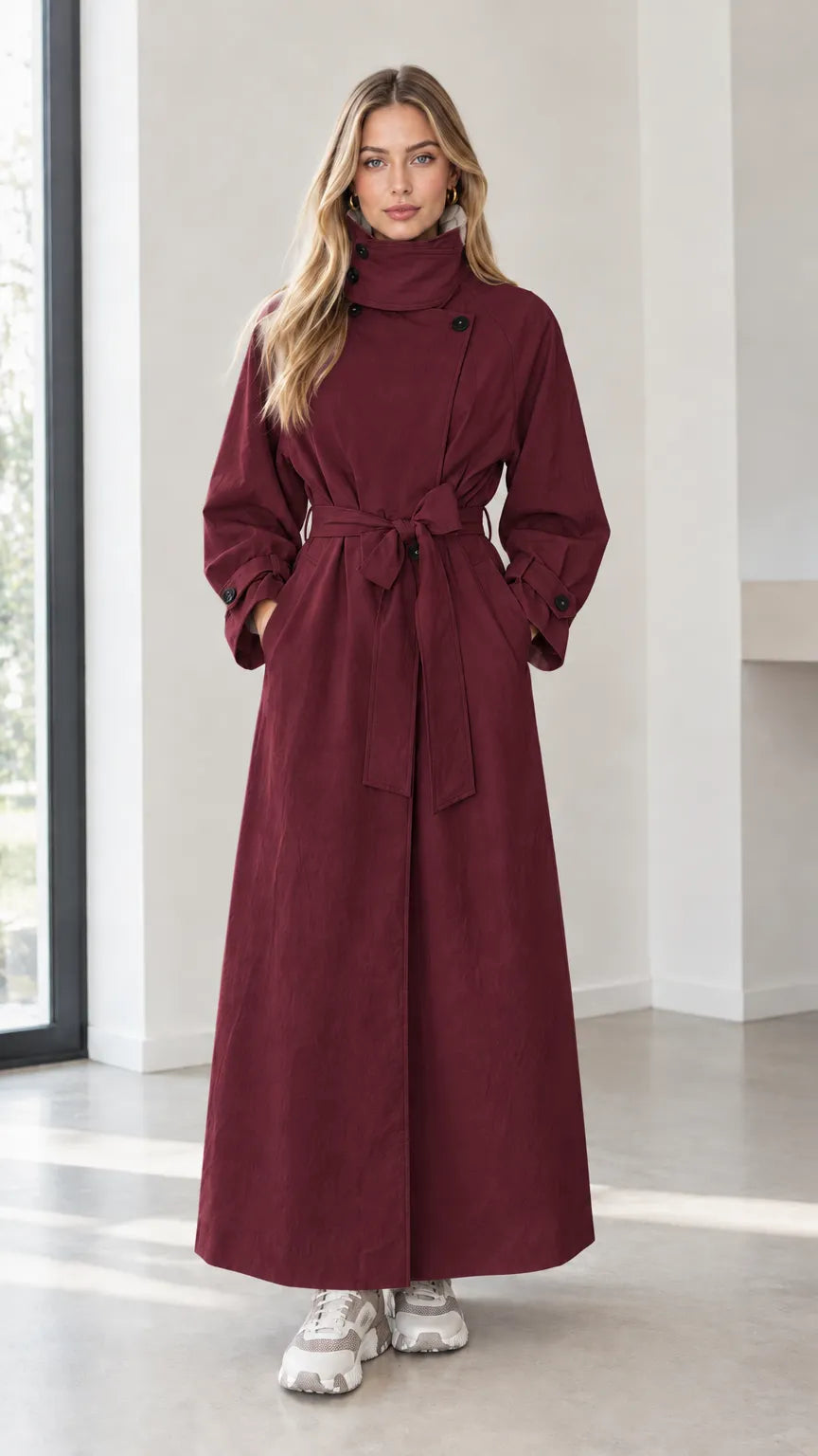 Women's High Neck Belted Maxi Trench Coat with Storm Flap