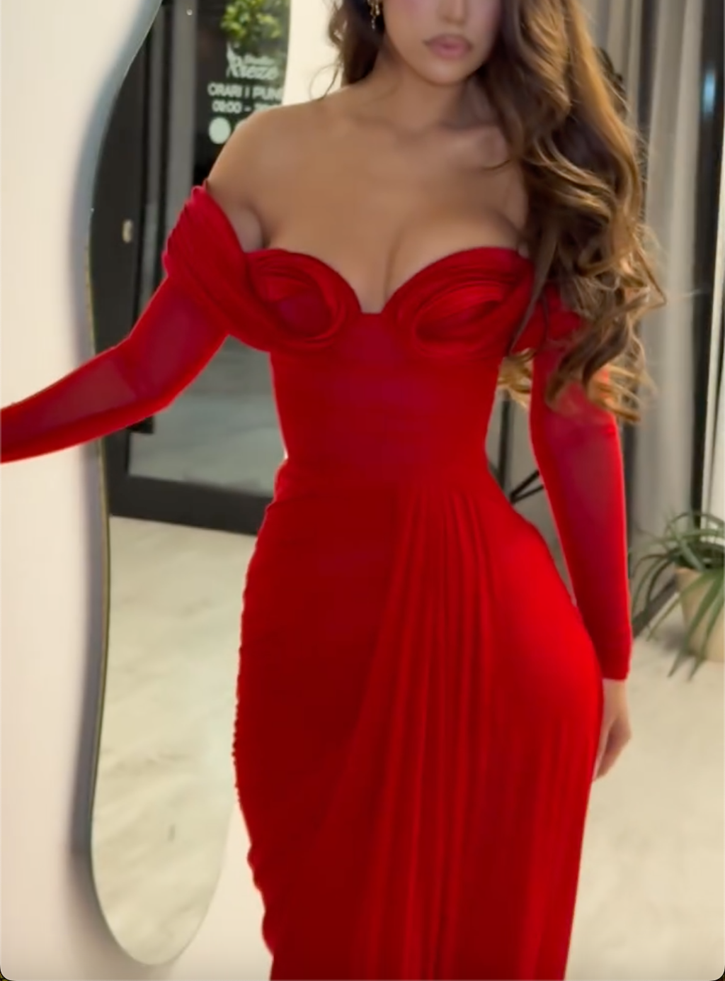 Red Off-the-Shoulder Mesh Long Sleeve Ruched Mermaid Maxi Dress