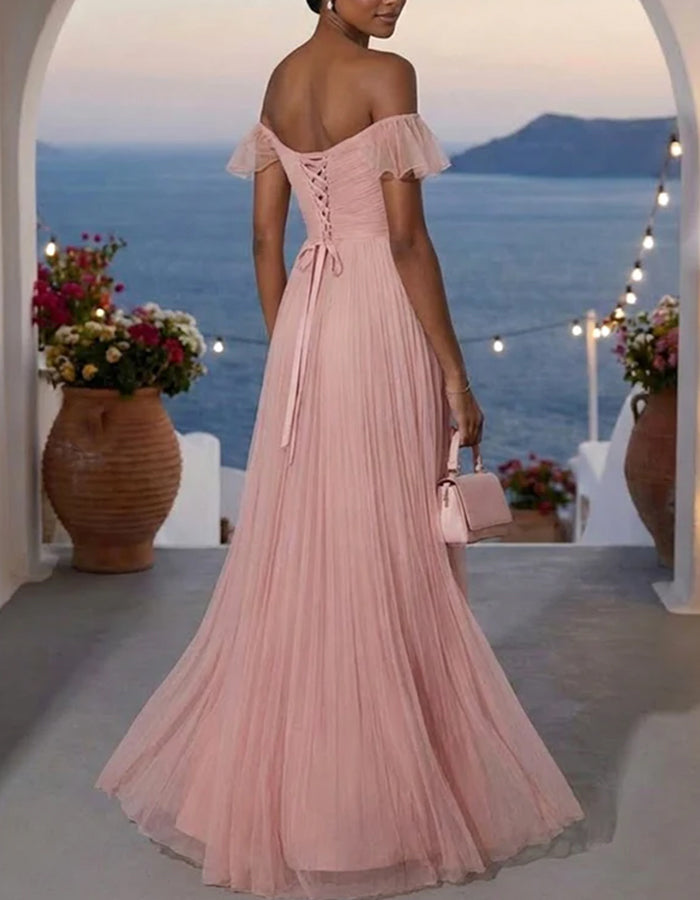 Flesh Pink Off-the-Shoulder Ruffle Tulle A-Line Maxi Dress