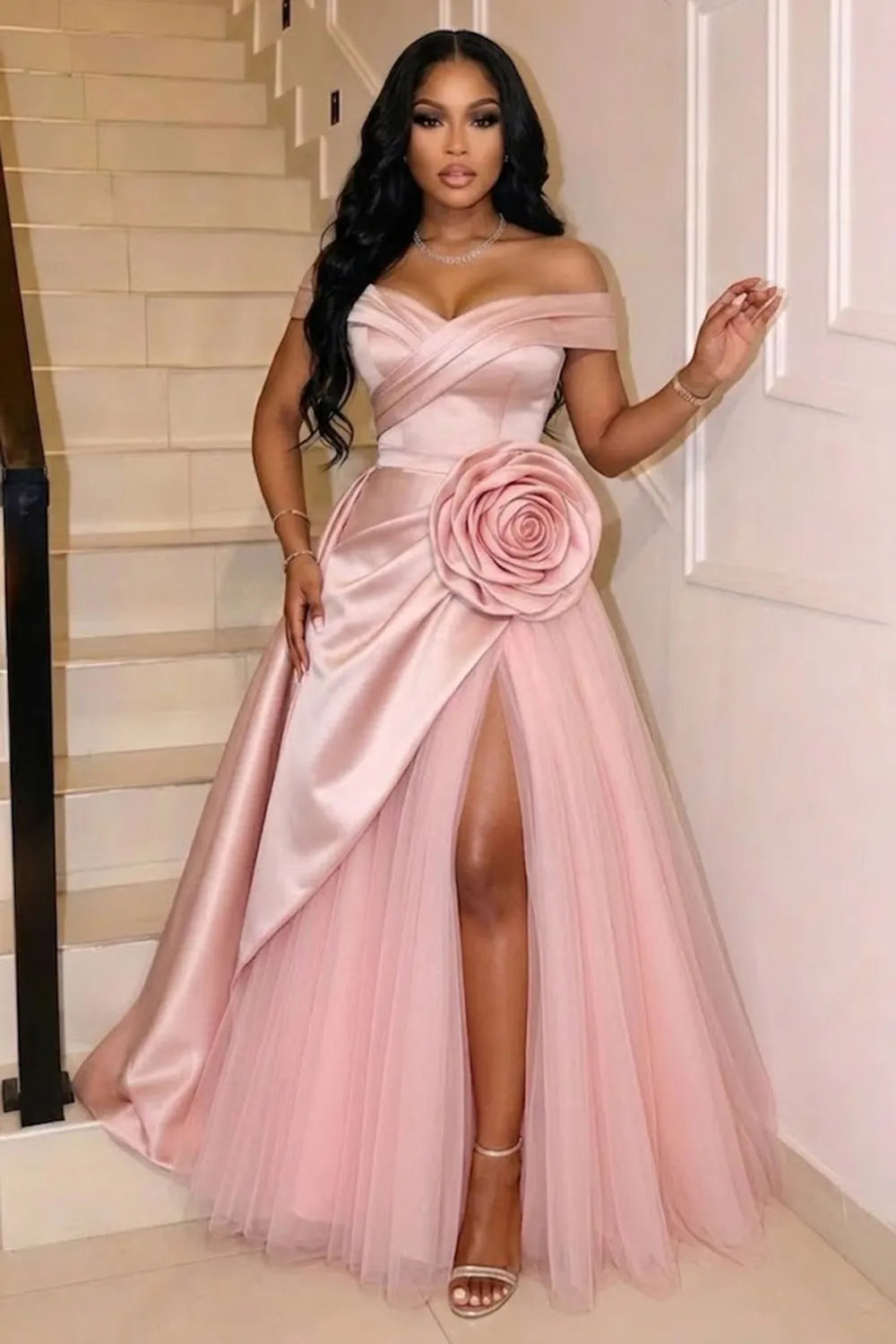 Off Shoulder 3D Floral Decor Slit Mesh Gowns Maxi Dresses-Pink [Pre Order]