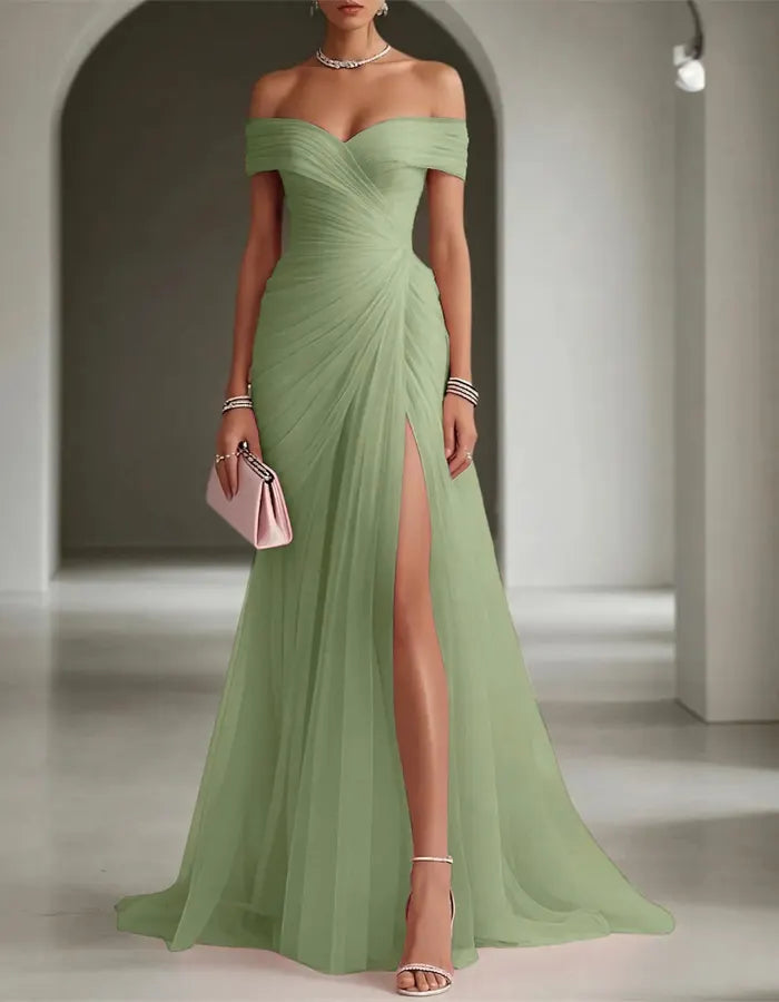 Solid Color Off Shoulder Mesh Ruching And Slit  Maxi Dress